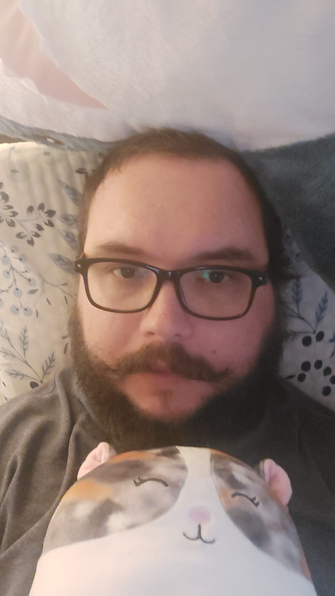 A man with short hair and bushy facial hair lies in bed with a small hamster Squishmallow